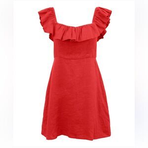 HONORINE Fluter Sleeve Cotton and Linen Blend Mini Dress in Orange Red M